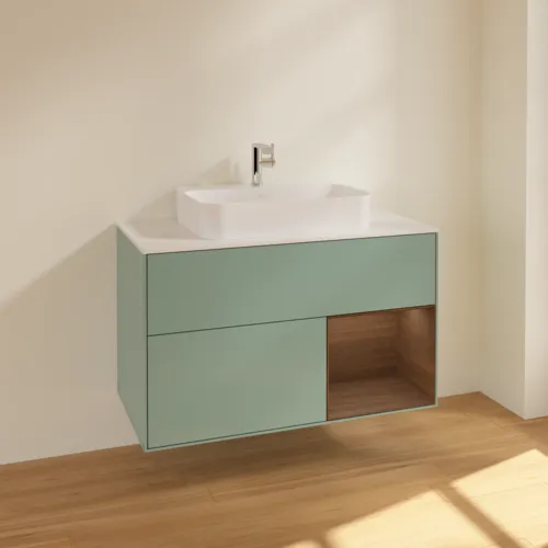 VILLEROY BOCH Toaletní skříňka Finion, s osvětlením, 2 výsuvy, 1000 x 603 x 501 mm, olivový matný lak / ořechová dýha / sklo bílé matné #F371GNGM, obrázek 2