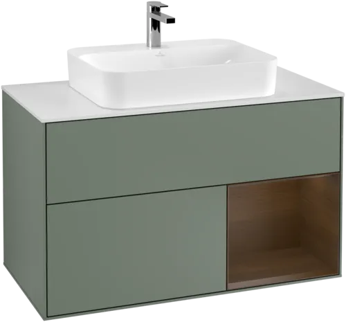 VILLEROY BOCH Toaletní skříňka Finion, s osvětlením, 2 výsuvy, 1000 x 603 x 501 mm, olivový matný lak / ořechová dýha / sklo bílé matné #F371GNGM, obrázek 1