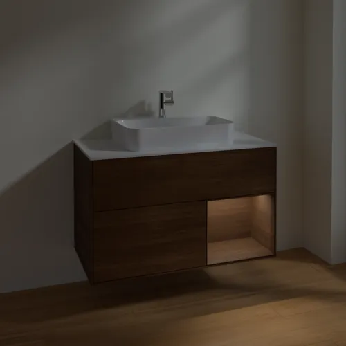 VILLEROY BOCH Toaletní stolek Finion, s osvětlením, 2 výsuvy, 1000 x 603 x 501 mm, ořechová dýha / ořechová dýha / sklo bílé matné #F371GNGN, obrázek 5
