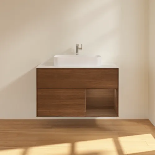 VILLEROY BOCH Toaletní stolek Finion, s osvětlením, 2 výsuvy, 1000 x 603 x 501 mm, ořechová dýha / ořechová dýha / sklo bílé matné #F371GNGN, obrázek 3