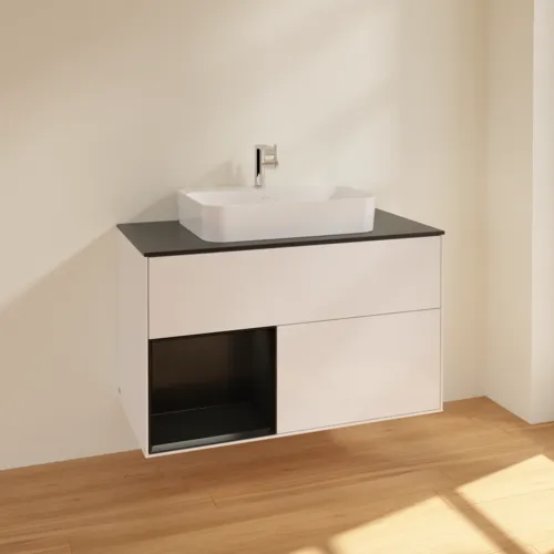 VILLEROY BOCH Umyvadlová skříňka Finion, s osvětlením, 2 výsuvy, 1000 x 603 x 501 mm, lesklý bílý lak / černý matný lak / černé matné sklo #F362PDGF, obrázek 2