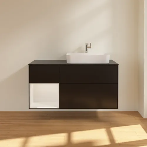VILLEROY BOCH Toaletní skříňka Finion, s osvětlením, 3 výsuvy, 1200 x 603 x 501 mm, černý matný lak / bílý lesklý lak / černé matné sklo #F392GFPD, obrázek 3