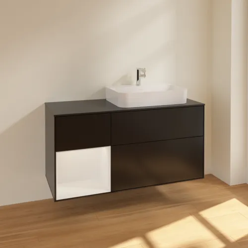 VILLEROY BOCH Toaletní skříňka Finion, s osvětlením, 3 výsuvy, 1200 x 603 x 501 mm, černý matný lak / bílý lesklý lak / černé matné sklo #F392GFPD, obrázek 2