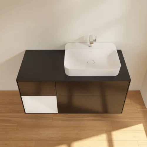 VILLEROY BOCH Toaletní skříňka Finion, s osvětlením, 3 výsuvy, 1200 x 603 x 501 mm, černý matný lak / bílý lesklý lak / černé matné sklo #F392GFPD, obrázek 4