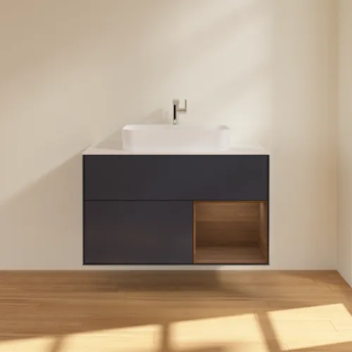 VILLEROY BOCH Toaletní skříňka Finion, s osvětlením, 2 výsuvy, 1000 x 603 x 501 mm, půlnočně modrý matný lak / ořechová dýha / bílé matné sklo #F371GNHG, obrázek 3
