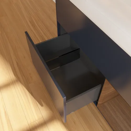 VILLEROY BOCH Toaletní skříňka Finion, s osvětlením, 2 výsuvy, 1000 x 603 x 501 mm, půlnočně modrý matný lak / ořechová dýha / bílé matné sklo #F371GNHG, obrázek 7