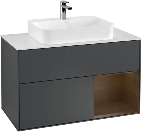 VILLEROY BOCH Toaletní skříňka Finion, s osvětlením, 2 výsuvy, 1000 x 603 x 501 mm, půlnočně modrý matný lak / ořechová dýha / bílé matné sklo #F371GNHG, obrázek 1