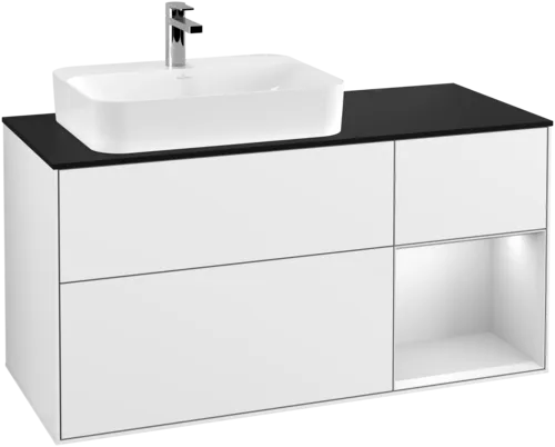 VILLEROY BOCH Toaletní skříňka Finion, s osvětlením, 3 výsuvy, 1200 x 603 x 501 mm, lesklý bílý lak / bílý matný lak / sklo černé matné #F402MTGF