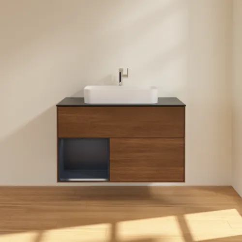 VILLEROY BOCH Toaletní skříňka Finion, s osvětlením, 2 výsuvy, 1000 x 603 x 501 mm, ořechová dýha / půlnočně modrý matný lak / černé matné sklo #F362HGGN, obrázek 3