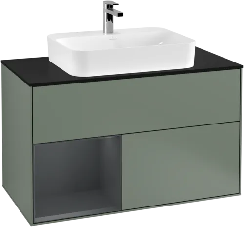 VILLEROY BOCH Toaletní skříňka Finion, s osvětlením, 2 výsuvy, 1000 x 603 x 501 mm, olivový matný lak / půlnoční modrý matný lak / černé matné sklo #F362HGGM