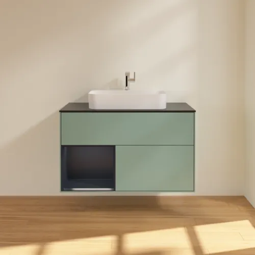 VILLEROY BOCH Toaletní skříňka Finion, s osvětlením, 2 výsuvy, 1000 x 603 x 501 mm, olivový matný lak / půlnoční modrý matný lak / černé matné sklo #F362HGGM, obrázek 3