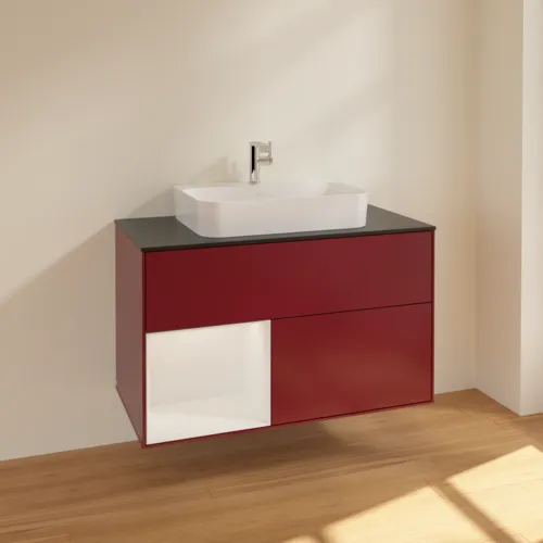 VILLEROY BOCH Toaletní skříňka Finion, s osvětlením, 2 výsuvy, 1000 x 603 x 501 mm, matný lak Peony / lesklý bílý lak / černé matné sklo #F362GFHB, obrázek 2
