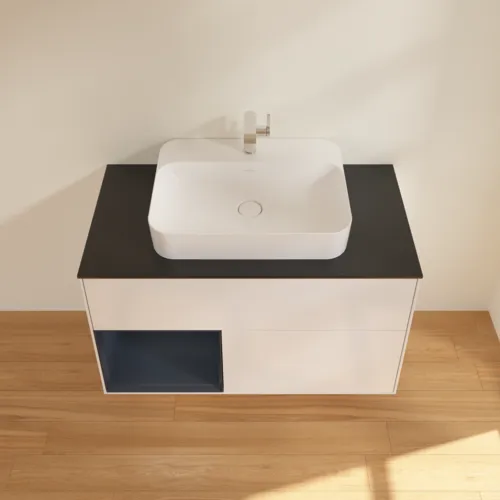 VILLEROY BOCH Toaletní skříňka Finion, s osvětlením, 2 výsuvy, 1000 x 603 x 501 mm, lesklý bílý lak / půlnoční modrý matný lak / černé matné sklo #F362HGGF, obrázek 4