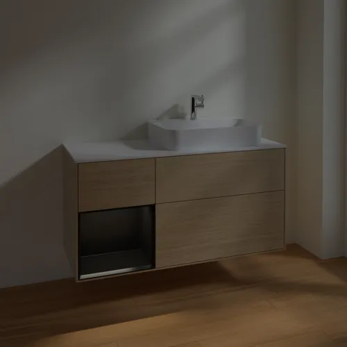 VILLEROY BOCH Toaletní skříňka Finion, s osvětlením, 3 výsuvy, 1200 x 603 x 501 mm, dubová dýha / černý matný lak / bílé matné sklo #F391PDPC, obrázek 5