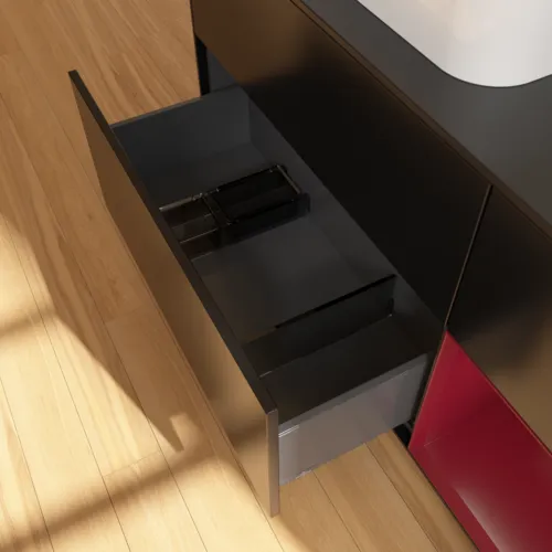 VILLEROY BOCH Toaletní skříňka Finion, s osvětlením, 3 výsuvy, 1200 x 603 x 501 mm, černý matný lak / pivoňkový matný lak / černé matné sklo #F402HBPD, obrázek 7