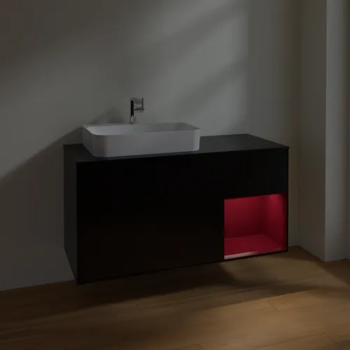 VILLEROY BOCH Toaletní skříňka Finion, s osvětlením, 3 výsuvy, 1200 x 603 x 501 mm, černý matný lak / pivoňkový matný lak / černé matné sklo #F402HBPD, obrázek 5