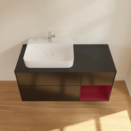 VILLEROY BOCH Toaletní skříňka Finion, s osvětlením, 3 výsuvy, 1200 x 603 x 501 mm, černý matný lak / pivoňkový matný lak / černé matné sklo #F402HBPD, obrázek 4