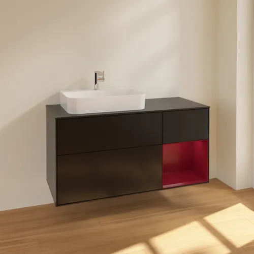 VILLEROY BOCH Toaletní skříňka Finion, s osvětlením, 3 výsuvy, 1200 x 603 x 501 mm, černý matný lak / pivoňkový matný lak / černé matné sklo #F402HBPD, obrázek 2