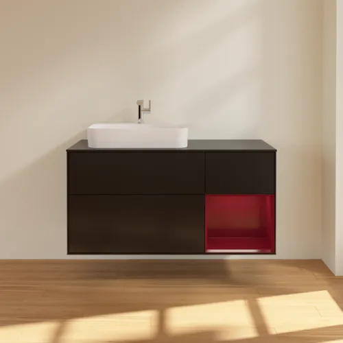 VILLEROY BOCH Toaletní skříňka Finion, s osvětlením, 3 výsuvy, 1200 x 603 x 501 mm, černý matný lak / pivoňkový matný lak / černé matné sklo #F402HBPD, obrázek 3