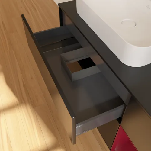 VILLEROY BOCH Toaletní skříňka Finion, s osvětlením, 3 výsuvy, 1200 x 603 x 501 mm, černý matný lak / pivoňkový matný lak / černé matné sklo #F402HBPD, obrázek 8