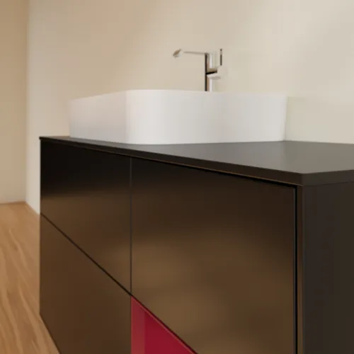 VILLEROY BOCH Toaletní skříňka Finion, s osvětlením, 3 výsuvy, 1200 x 603 x 501 mm, černý matný lak / pivoňkový matný lak / černé matné sklo #F402HBPD, obrázek 6