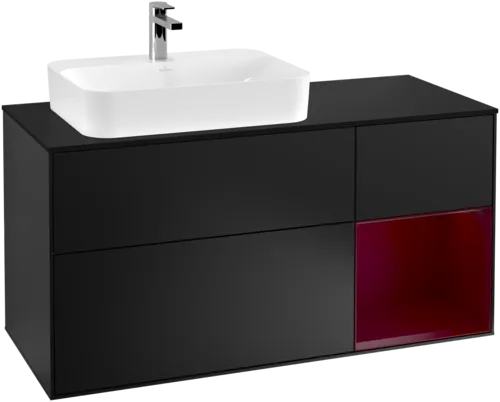 VILLEROY BOCH Toaletní skříňka Finion, s osvětlením, 3 výsuvy, 1200 x 603 x 501 mm, černý matný lak / pivoňkový matný lak / černé matné sklo #F402HBPD