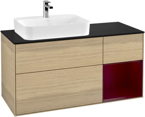 VILLEROY BOCH Toaletní skříňka Finion, s osvětlením, 3 výsuvy, 1200 x 603 x 501 mm, dubová dýha / matný lak Pivoňka / matné černé sklo #F402HBPC
