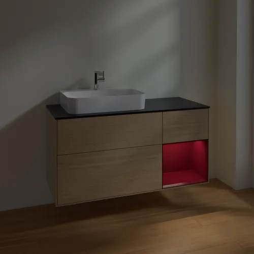 VILLEROY BOCH Toaletní skříňka Finion, s osvětlením, 3 výsuvy, 1200 x 603 x 501 mm, dubová dýha / matný lak Pivoňka / matné černé sklo #F402HBPC, obrázek 5