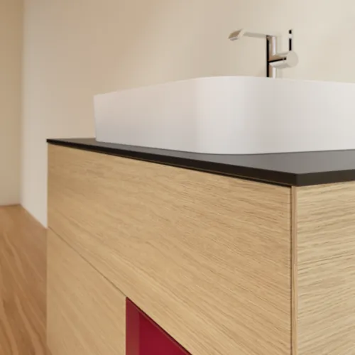 VILLEROY BOCH Toaletní stolek Finion, s osvětlením, 2 výsuvy, 1000 x 603 x 501 mm, dubová dýha / matný lak Pivoňka / matné černé sklo #F372HBPC, obrázek 6