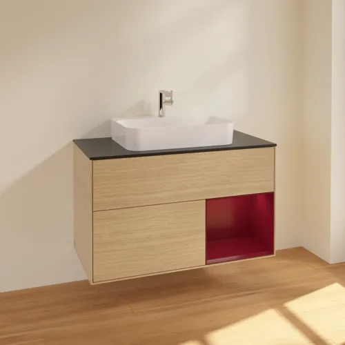 VILLEROY BOCH Toaletní stolek Finion, s osvětlením, 2 výsuvy, 1000 x 603 x 501 mm, dubová dýha / matný lak Pivoňka / matné černé sklo #F372HBPC, obrázek 2