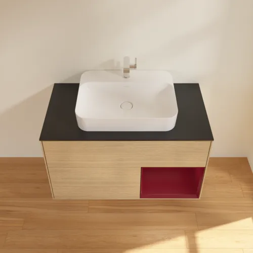 VILLEROY BOCH Toaletní stolek Finion, s osvětlením, 2 výsuvy, 1000 x 603 x 501 mm, dubová dýha / matný lak Pivoňka / matné černé sklo #F372HBPC, obrázek 4