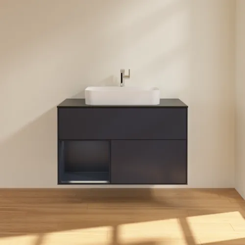VILLEROY BOCH Toaletní skříňka Finion, s osvětlením, 2 výsuvy, 1000 x 603 x 501 mm, Midnight Blue Matt Lacquer / Midnight Blue Matt Lacquer / Glass Black Matt #F362HGHG, obrázek 3