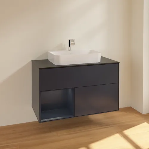 VILLEROY BOCH Toaletní skříňka Finion, s osvětlením, 2 výsuvy, 1000 x 603 x 501 mm, Midnight Blue Matt Lacquer / Midnight Blue Matt Lacquer / Glass Black Matt #F362HGHG, obrázek 2