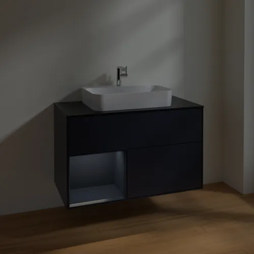 VILLEROY BOCH Toaletní skříňka Finion, s osvětlením, 2 výsuvy, 1000 x 603 x 501 mm, Midnight Blue Matt Lacquer / Midnight Blue Matt Lacquer / Glass Black Matt #F362HGHG, obrázek 5