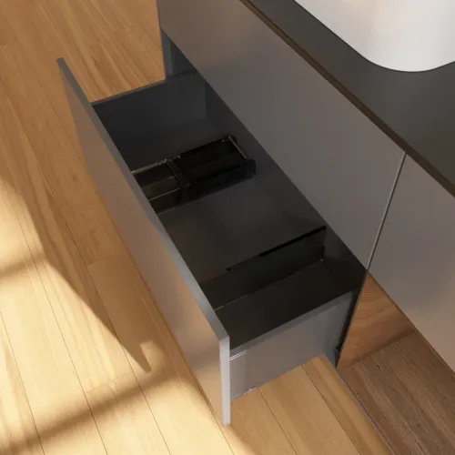 VILLEROY BOCH Toaletní skříňka Finion, s osvětlením, 3 výsuvy, 1200 x 603 x 501 mm, antracitový matný lak / ořechová dýha / černé matné sklo #F402GNGK, obrázek 7