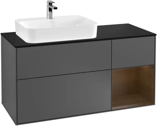 VILLEROY BOCH Toaletní skříňka Finion, s osvětlením, 3 výsuvy, 1200 x 603 x 501 mm, antracitový matný lak / ořechová dýha / černé matné sklo #F402GNGK