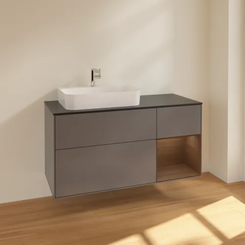 VILLEROY BOCH Toaletní skříňka Finion, s osvětlením, 3 výsuvy, 1200 x 603 x 501 mm, antracitový matný lak / ořechová dýha / černé matné sklo #F402GNGK, obrázek 2