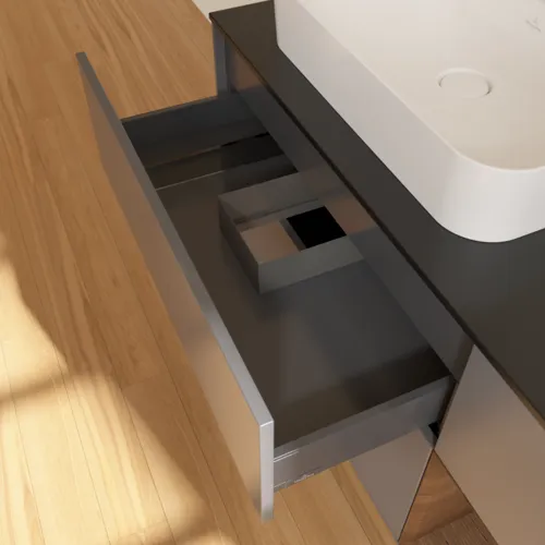 VILLEROY BOCH Toaletní skříňka Finion, s osvětlením, 3 výsuvy, 1200 x 603 x 501 mm, antracitový matný lak / ořechová dýha / černé matné sklo #F402GNGK, obrázek 8