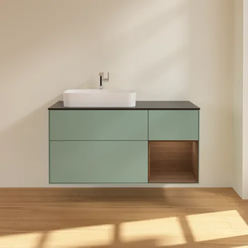 VILLEROY BOCH Toaletní skříňka Finion, s osvětlením, 3 výsuvy, 1200 x 603 x 501 mm, olivový matný lak / ořechová dýha / černé matné sklo #F402GNGM, obrázek 3