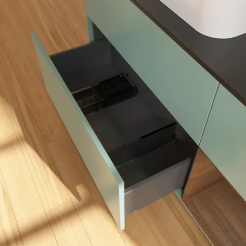 VILLEROY BOCH Toaletní skříňka Finion, s osvětlením, 3 výsuvy, 1200 x 603 x 501 mm, olivový matný lak / ořechová dýha / černé matné sklo #F402GNGM, obrázek 7
