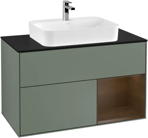 VILLEROY BOCH Toaletní skříňka Finion, s osvětlením, 2 výsuvy, 1000 x 603 x 501 mm, olivový matný lak / ořechová dýha / černé matné sklo #F372GNGM