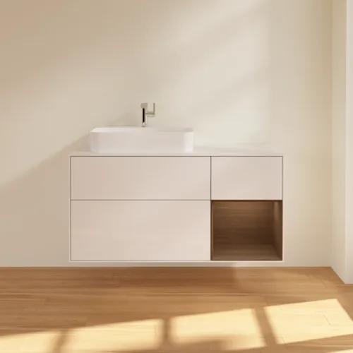 VILLEROY BOCH Toaletní skříňka Finion, s osvětlením, 3 výsuvy, 1200 x 603 x 501 mm, lesklý bílý lak / ořechová dýha / sklo bílé matné #F401GNGF, obrázek 3