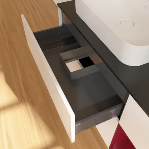 VILLEROY BOCH Toaletní skříňka Finion, s osvětlením, 3 výsuvy, 1200 x 603 x 501 mm, bílý matný lak / pivoňkový matný lak / černé matné sklo #F402HBMT, obrázek 8