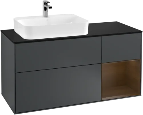 VILLEROY BOCH Toaletní skříňka Finion, s osvětlením, 3 výsuvy, 1200 x 603 x 501 mm, půlnočně modrý matný lak / ořechová dýha / černé matné sklo #F402GNHG