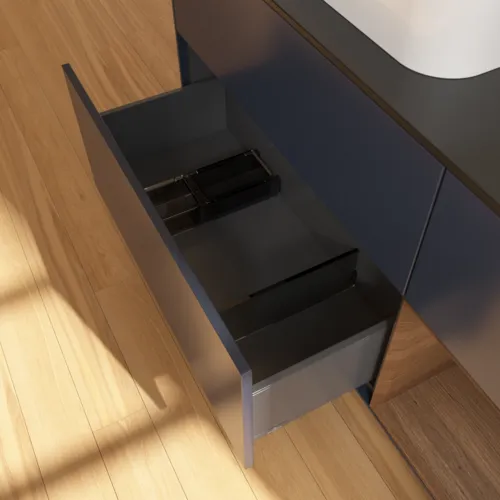 VILLEROY BOCH Toaletní skříňka Finion, s osvětlením, 3 výsuvy, 1200 x 603 x 501 mm, půlnočně modrý matný lak / ořechová dýha / černé matné sklo #F402GNHG, obrázek 7