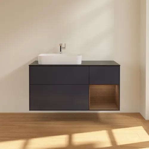 VILLEROY BOCH Toaletní skříňka Finion, s osvětlením, 3 výsuvy, 1200 x 603 x 501 mm, půlnočně modrý matný lak / ořechová dýha / černé matné sklo #F402GNHG, obrázek 3