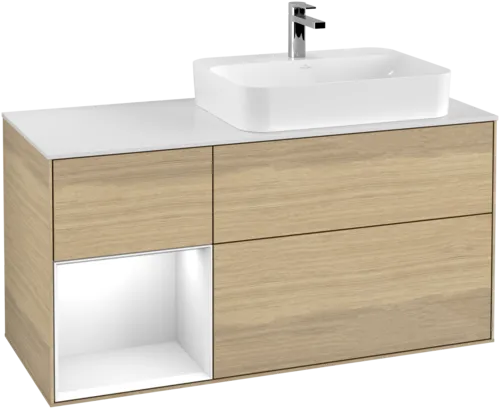 VILLEROY BOCH Toaletní skříňka Finion, s osvětlením, 3 výsuvy, 1200 x 603 x 501 mm, dubová dýha / lesklý bílý lak / sklo bílé matné #F391GFPC, obrázek 1