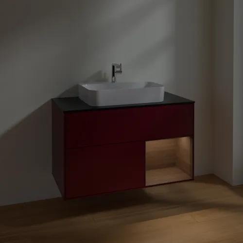 VILLEROY BOCH Toaletní stolek Finion, s osvětlením, 2 výsuvy, 1000 x 603 x 501 mm, matný lak Peony / ořechová dýha / černé matné sklo #F372GNHB, obrázek 5