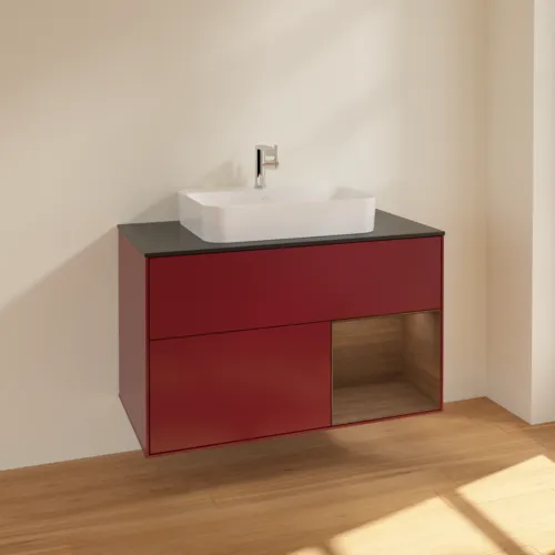 VILLEROY BOCH Toaletní stolek Finion, s osvětlením, 2 výsuvy, 1000 x 603 x 501 mm, matný lak Peony / ořechová dýha / černé matné sklo #F372GNHB, obrázek 2