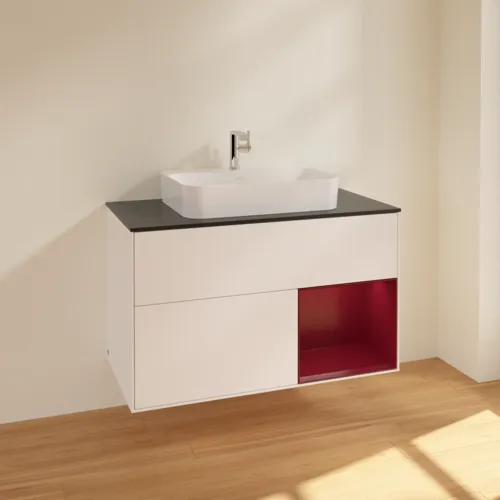 VILLEROY BOCH Toaletní skříňka Finion, s osvětlením, 2 výsuvy, 1000 x 603 x 501 mm, bílý matný lak / pivoňkový matný lak / černé matné sklo #F372HBMT, obrázek 2